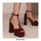 Peep Toe Ankle Buckle TStraps Platforms Chunky Heels Summer Pumps - Wine Red