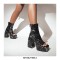 Peep Toe Snake Print Platforms Ankle Highs Short Back Zipper Chunky Heels Summer Boots - Black