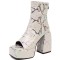Peep Toe Snake Print Platforms Ankle Highs Short Back Zipper Chunky Heels Summer Boots - White