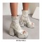 Peep Toe Snake Print Platforms Ankle Highs Short Back Zipper Chunky Heels Summer Boots - White