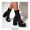 Peep Ankle High Back Zipper Chunky Heels Platforms Satin Pumps Boots - Black