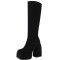 Round Toe Knee Highs Chunky Heels Side Zipper Platforms Super Sexy Suede Boots - Black