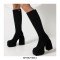 Round Toe Knee Highs Chunky Heels Side Zipper Platforms Super Sexy Suede Boots - Black