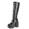 Square Toe Chunky Heels Knee Highs Snake Prints Side Zip Platforms Boots - Black Faux Leather