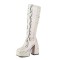 Square Toe Chunky Heels Knee Highs Snake Prints Side Zip Platforms Boots - White Faux Leather