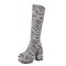 Square Toe Chunky Heels Knee Highs Zebra Prints Side Zip Platforms Boots - White Black Faux Leather