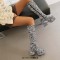 Square Toe Chunky Heels Knee Highs Zebra Prints Side Zip Platforms Boots - White Black Faux Leather