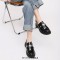 Round Toe Belt Buckle Decorated Slingback Flats Sandals Loafers - Black