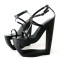Peep Toe Platforms Wooden Ankle Buckle Cross Straps Wedges Sandals - Black Patent