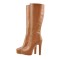 Round Toe Platforms Knee Highs Stiletto Heels Matte Side Zipper Boots - Brown Faux Leather