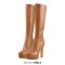 Round Toe Platforms Knee Highs Stiletto Heels Matte Side Zipper Boots - Brown Faux Leather