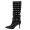 Pointed Toe Stiletto Heels Rhinestones Bordered Mid Calf Suede Knee Highs Booties - Black
