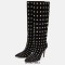 Pointed Toe Stiletto Heels Rhinestones Bordered Mid Calf Suede Knee Highs Booties - Black