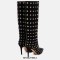 Pointed Toe Stiletto Heels Rhinestones Bordered Mid Calf Suede Knee Highs Booties - Black