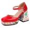 Round Toe Ankle Buckle Straps Chunky Heels Platforms Dorsay Flower Graffiti Pumps - Red