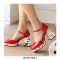 Round Toe Ankle Buckle Straps Chunky Heels Platforms Dorsay Flower Graffiti Pumps - Red