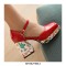 Round Toe Ankle Buckle Straps Chunky Heels Platforms Dorsay Flower Graffiti Pumps - Red