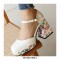 Round Toe Ankle Buckle Straps Chunky Heels Platforms Dorsay Flower Graffiti Pumps - White