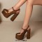 Round Toe Crocodile Pattern Chunky Heels Mary Janes Slingback Platforms Sandals - Brown Patent
