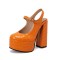 Round Toe Crocodile Pattern Chunky Heels Mary Janes Slingback Platforms Sandals - Orange Patent