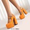 Round Toe Crocodile Pattern Chunky Heels Mary Janes Slingback Platforms Sandals - Orange Patent