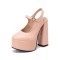 Round Toe Crocodile Pattern Chunky Heels Mary Janes Slingback Platforms Sandals - Pink Patent