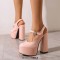 Round Toe Crocodile Pattern Chunky Heels Mary Janes Slingback Platforms Sandals - Pink Patent