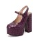 Round Toe Crocodile Pattern Chunky Heels Mary Janes Slingback Platforms Sandals - Purple Patent
