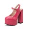 Round Toe Crocodile Pattern Chunky Heels Mary Janes Slingback Platforms Sandals - Rose Patent