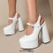 Round Toe Crocodile Pattern Chunky Heels Mary Janes Slingback Platforms Sandals - White Patent
