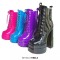 Square Toe Chunky Heels Platforms Side Zipper Ankle Highs Pastel Lace Up Martin Boots - HotPink Patent