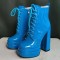 Square Toe Chunky Heels Platforms Side Zipper Ankle Highs Pastel Lace Up Martin Boots - Blue Patent