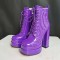 Square Toe Chunky Heels Platforms Side Zipper Ankle Highs Pastel Lace Up Martin Boots - Purple Patent