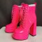 Square Toe Chunky Heels Platforms Side Zipper Ankle Highs Pastel Lace Up Martin Boots - HotPink Patent