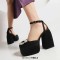 Square Toe Chunky Heels Ankle Buckle Straps Rhinestone Decal Hollow Sandals - Black Microfiber