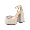 Square Toe Chunky Heels Ankle Buckle Straps Rhinestone Decal Hollow Sandals - White Microfiber