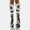 Two Tone Swirl Appliques Round Toe Side Zipper Platforms Chunky Heels Knee Highs Boots - Black White