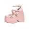 Round Toe Anime Style Platforms Heart Buckle Straps Mary Janes Barbie Wedges - Pink