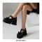 Round Toe Pearl Ribbon Decorated T Straps Mary Janes Chunky Heels Pumps - Black
