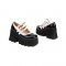 Round Toe Triple Buckle Straps Chunky Heels Mary Janes Pumps - Black White