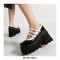 Round Toe Triple Buckle Straps Chunky Heels Mary Janes Pumps - Black White