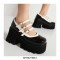 Round Toe Triple Buckle Straps Chunky Heels Mary Janes Pumps - Black White