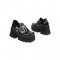 Round Toe Flower Rivets Buckle Straps Chunky Heels Loafers - Black 