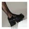 Round Toe Flower Rivets Buckle Straps Chunky Heels Loafers - Black 