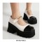 Round Toe Rhinestones Chain Decorated Mary Janes Lolita Chunky Heels Pumps - Black White