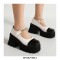 Round Toe Rhinestones Chain Decorated Mary Janes Lolita Chunky Heels Pumps - Black White