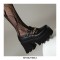 Round Toe Chain Decorated T Straps Mary Janes Chunky Heels Pumps - Black