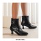 Pointed Toe Leopard Kitten Heels Ankle High Buckle Straps Zipper Spring Boots - Black