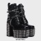 Square Toe Platforms Lace Up Chunky Heels Platforms Punk Gothic Side Zipper Spike Boots - Black