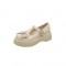 Round Toe T Straps Rhinestones Ribbon Mary Janes Platforms College Loafers - Beige